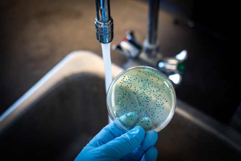 bacteria culture plate held against running tap water