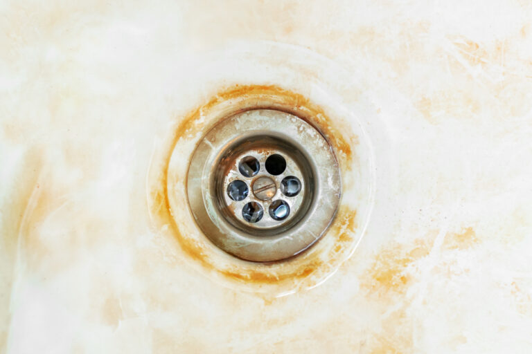 An old rusty bathtub with a metal drain hole.